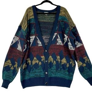 Vintage 90s Grandpa Sweater Cardigan Sz 2XL Tall Blue Geometric Eclectic Grunge
